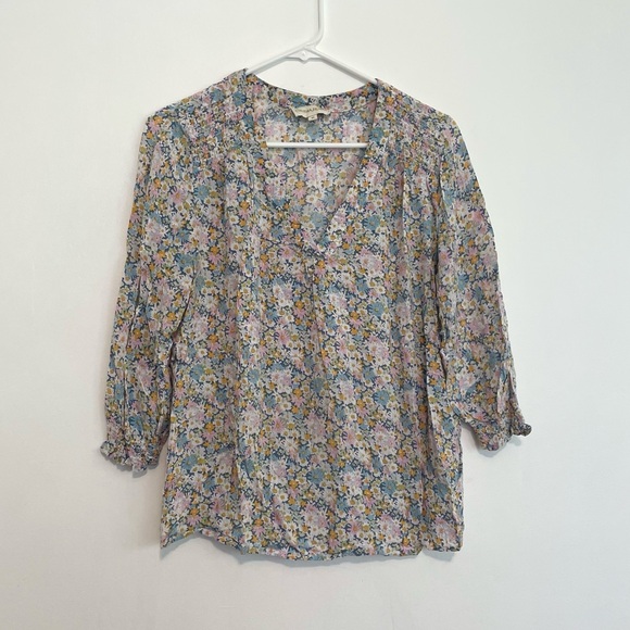 Cynthia Rowley Tops - CYNTHIA ROWLEY Blue White Pink Multi Floral V-Neck 3/4 Sleeve Boho Summer Blouse